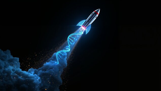 Futuristic Rocket Launching with Glowing DNA Strand in Dark Space