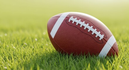 Fototapeta premium American football on green grass field, sports equipment in outdoor stadium setting