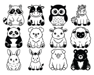 Cute Sitting Farm and Forest Animals Set, Kids Coloring Book Cartoon Animal Outline Collection