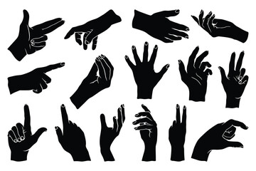 Obraz premium Hand Gestures Silhouette Set, Human Hands Signs and Poses Black Solid Collection