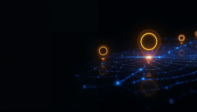 Abstract Digital Network with Geolocation Pins on Dark Background