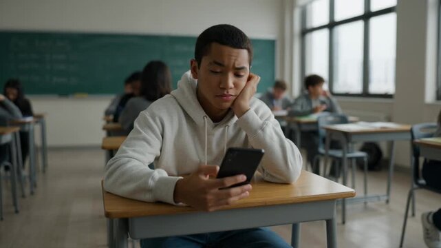 Adolescent student fixated on smartphone screen during lesson, highlighting digital distraction in contemporary education setting and its impact