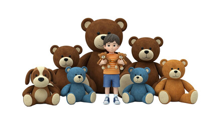 Obraz premium Boy Holding Teddy Bears Surrounded by Stuffed Animals