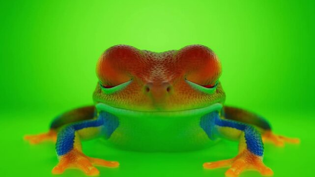 Colorful close-up of a vibrant tree frog with bright red eyes and green background, showcasing intricate detail and vivid colors