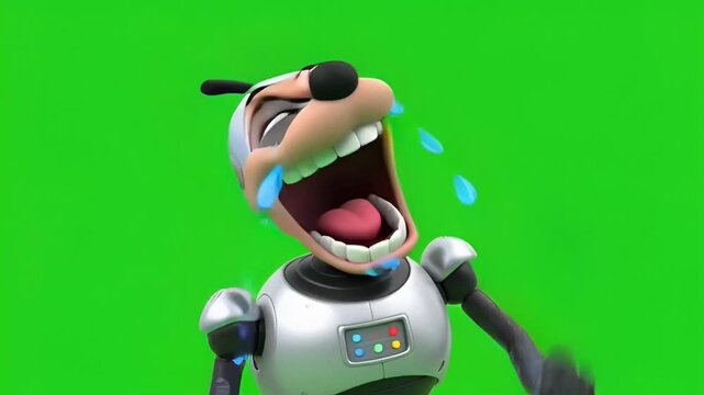 Joyful 3D animated robot character experiencing uncontrollable laughter with tears on a vibrant green screen background, perfect for compositing