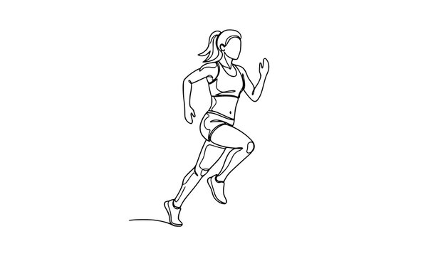 One line continuous female runner vector illustration modern hand drawn running woman outline art isolated on white background