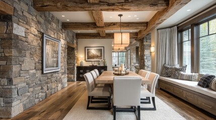 Cozy and Elegant Dining Room with Natural Stone Walls, Wooden Beams, Modern Furniture, and Large Windows Overlooking a Beautiful Natural Landscape