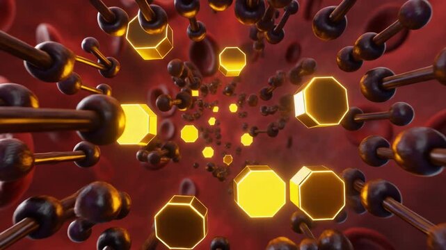 Cinematic 3D macro animation of dark molecular chains breaking apart into glowing hexagonal glucose energy inside the bloodstream
