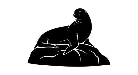 Silhouette of a seal resting on a rock against a white background. © Yunan
