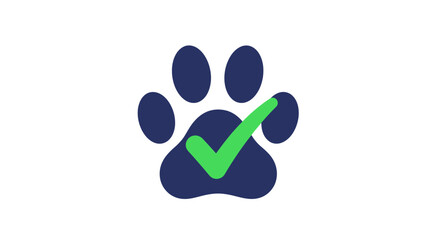 Dark Blue Paw Print with a Bold Green Checkmark Representing Approval for Pet Products or Services © jeew