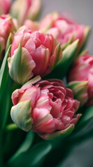 Obraz premium vertical macro close up of pink and green double tulips with soft light and shallow depth of field concept of spring freshness and romantic floral elegance