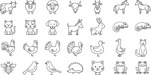 Farm and Domestic Animals Line Icon Set with Cow, Horse, Dog, Cat, Bird, Rabbit, and Wildlife Outline Vector Illustrations © MdMojnu