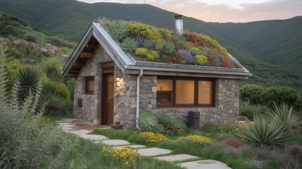 Fototapeta premium Cozy eco-friendly stone cottage with lush green roof in serene mountain landscape