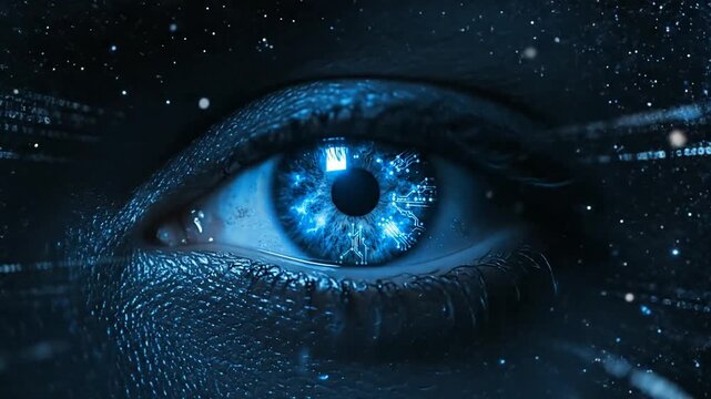 A futuristic blue eye with a galaxy in the iris is displayed in a close-up view