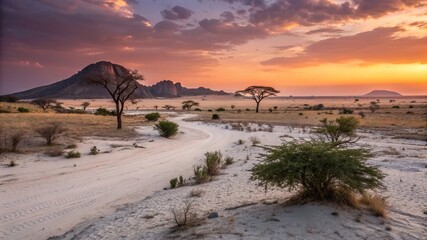 African Sunset Landscape with Elephants, Zebras and Giraffes - 3