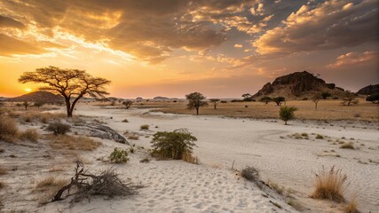 African Sunset Landscape with Elephants, Zebras and Giraffes - 2