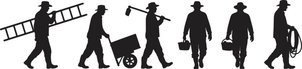 Black Solid Farmer Carrying Ladder Silhouettes Set of Six on White Background © Lubna