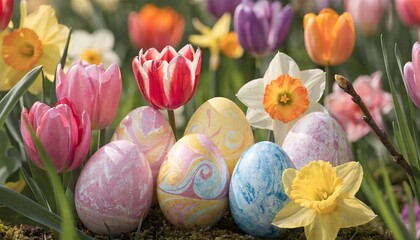 Charming Spring Garden with Painted Easter Eggs and Blossoms - 1