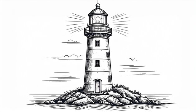 Vintage lighthouse stands tall by the serene sea, a bold line art illustration with minimal shading and coastal landscape.