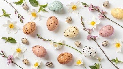 Easter Flat Lay with Spring Flowers and Colorful Quail Eggs - 10