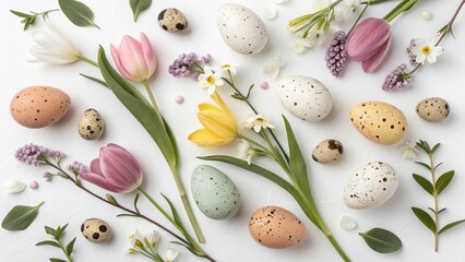 Easter Flat Lay with Spring Flowers and Colorful Quail Eggs - 8