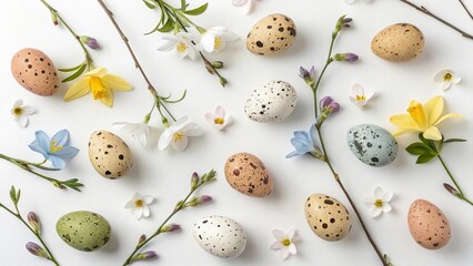 Easter Flat Lay with Spring Flowers and Colorful Quail Eggs - 7