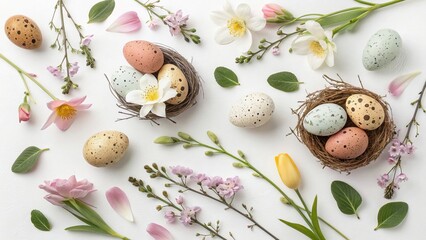 Easter Flat Lay with Spring Flowers and Colorful Quail Eggs - 6