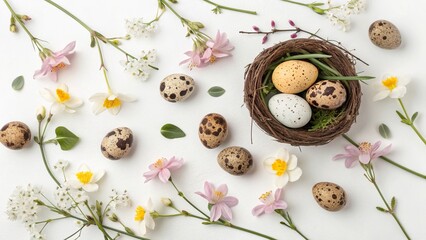 Easter Flat Lay with Spring Flowers and Colorful Quail Eggs - 5
