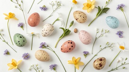 Easter Flat Lay with Spring Flowers and Colorful Quail Eggs - 4