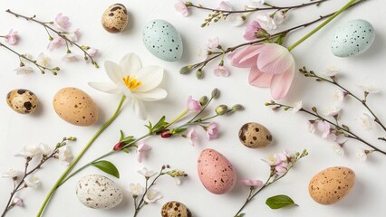 Easter Flat Lay with Spring Flowers and Colorful Quail Eggs - 3