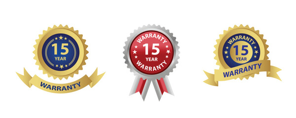15 year warranty seal designs, featuring gold, red, and blue colors, displayed on a clean white background.