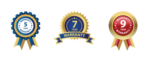 Warranty seals or guarantee badges showing durations of five, seven, and nine years.