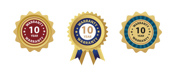 Gold and colorful warranty badges, each indicating a 10-year guarantee, against a white background.