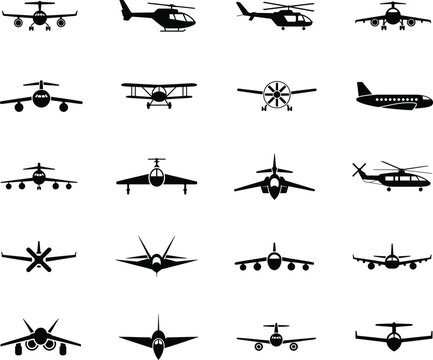 Airplane and helicopter silhouette set. aviation, transport, flight, travel. vector illustration