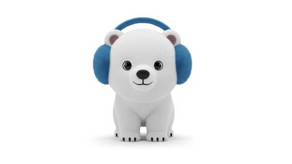 A cute white polar bear cub wearing blue headphones, standing on a plain white background