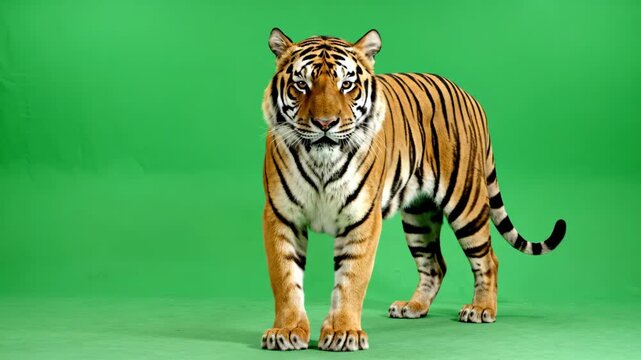 Tiger standing on green screen with fierce expression