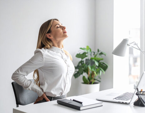 Frau im B&uuml;ro entspannt ihren Rücken