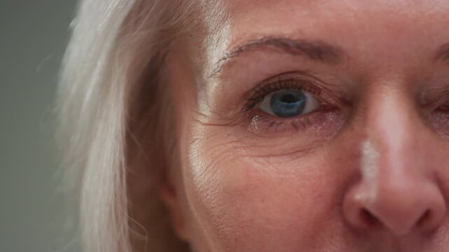 Close up macro: senior female open blue eyes, iris, pupil, eye lids. Beauty senior woman with grey hair. Retired lady looks up, wrinkles skin. Eyesight or vision. Old grandma looking and blinking