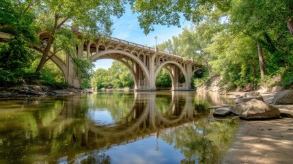 Scenic Bridge Reflection Over Calm River Surrounded by Lush Green Trees Under Clear Blue Sky in Tranquil Natural Setting