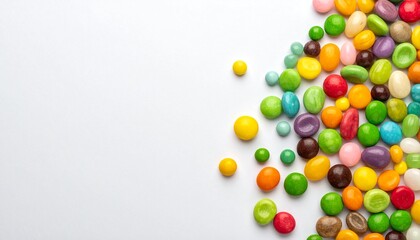 Obraz premium Colorful candy drops scattered against a bright white background