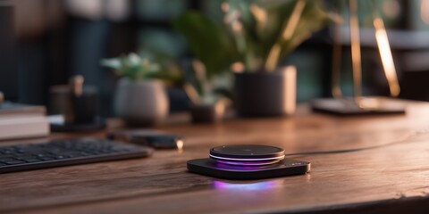 Obraz premium Desk with wireless charger and plants in a modern workspace at sunset