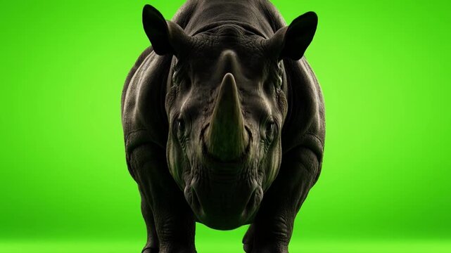 Close-Up Profile of a Rhinoceros on a Bright Green Background for Wildlife and Conservation Themes