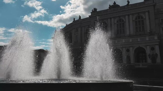 Detailed slow motion of ornate classical water fountain. Travel Odesa city architecture sights, Ukraine