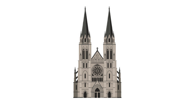 Symmetrical illustration of a Gothic cathedral with twin spires and a central rose window depicted in shades of grey and brown.