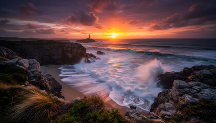 Obraz premium Majestic Lighthouse at Sunset, Waves Crashing on Rugged Coastline