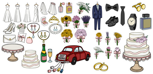 Collection of vector wedding elements, including dresses, rings, cakes, and car © Khrystyna Turchyn
