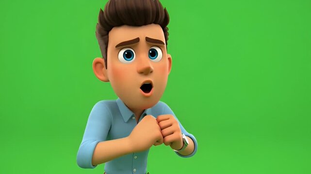 Expressive 3D Animated Character Portraying Intense Shock and Fear, His Mouth Agap and Eyes Wide, Ideal for Emotional Reaction Concepts and Chroma Key Use