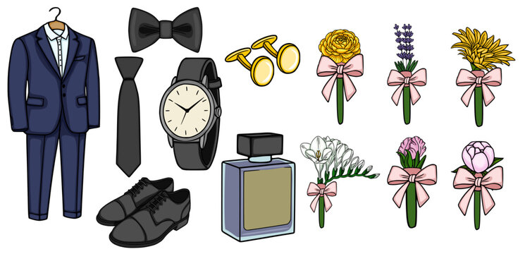 Groom's wedding accessories vector set: suit, tie, bow tie, watch, cufflinks, shoes, perfume, boutonnieres