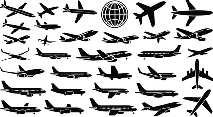 Airplane Silhouettes Flying Around Globe on White Background