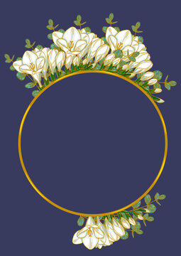 Elegant white freesia flowers with gold oval frame and green leaves, vector poster